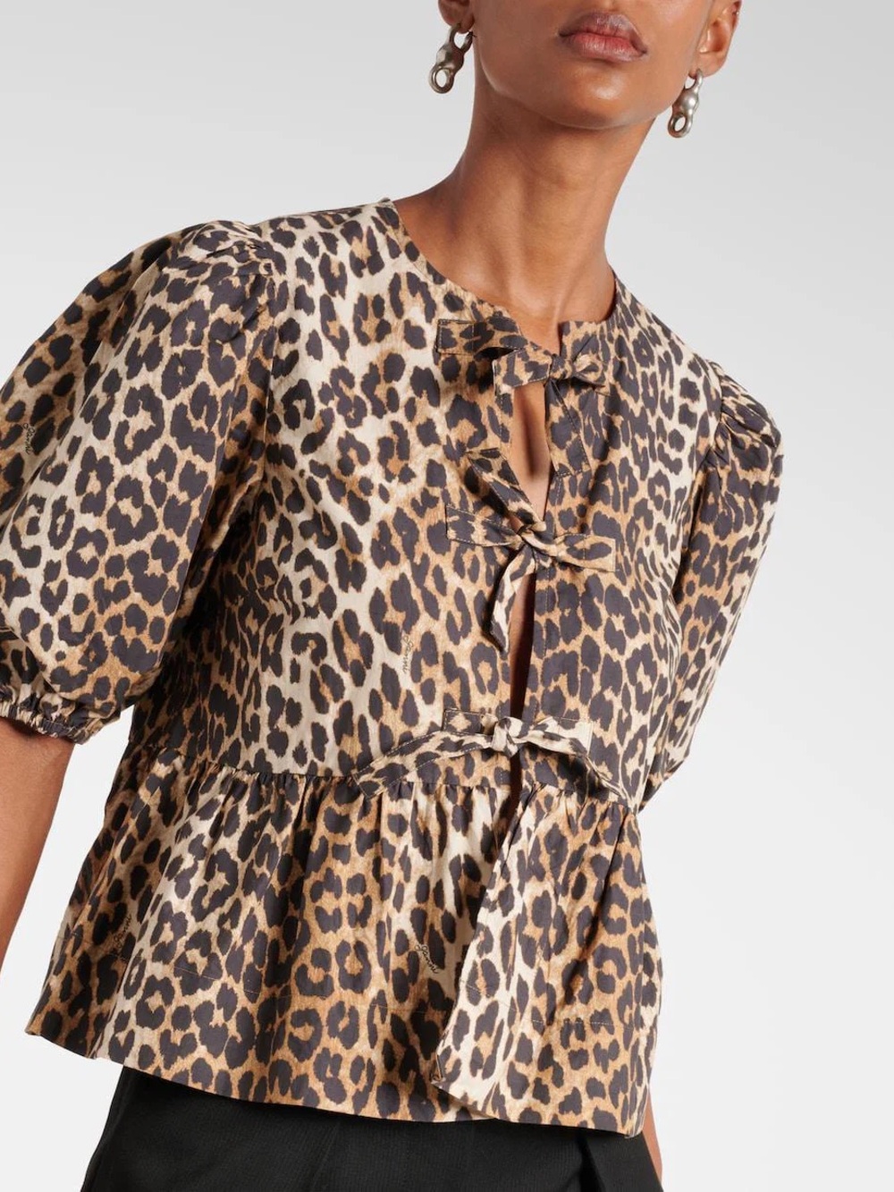 Leopard-Print Tie-Front Peplum Blouse in Tan & Black